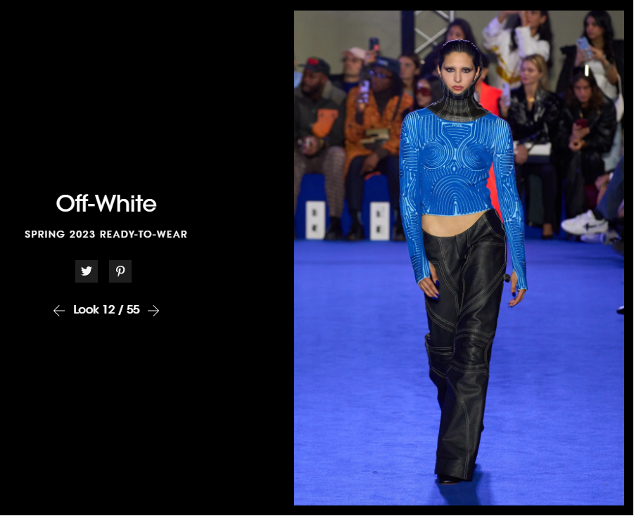 Off-White Spring 2023 Ready-to-Wear — Look 12 blue long-sleeved turtleneck, black low-waste pants