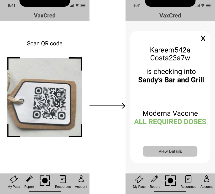2 mobile app wireframes. Left wireframe shows the app scanning a QR code, right wireframe shows the restaurant that user is checking into.