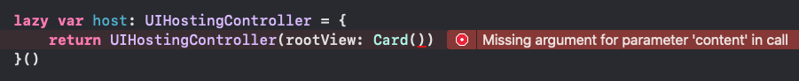 Screenshot of Swift code displaying error message: Missing argument for parameter ‘content’ in call