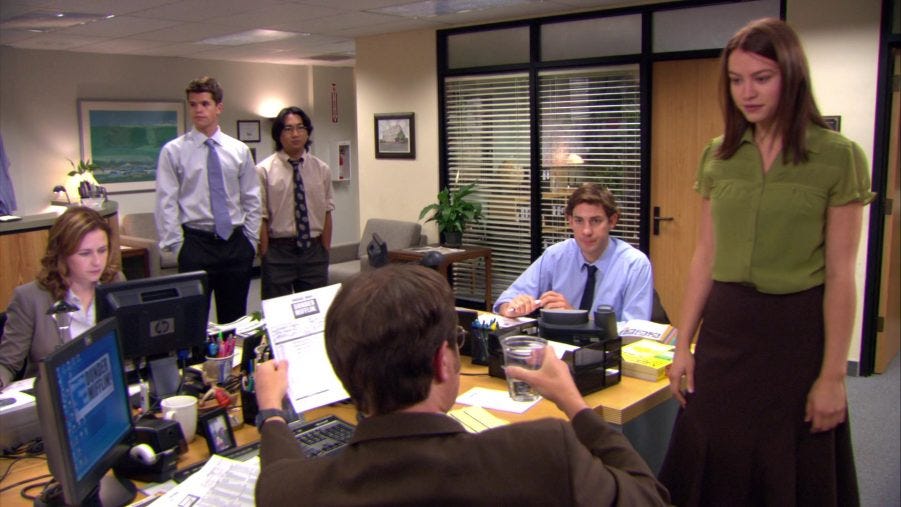 A screen-grab from Season 6, Episode 1 of The Office, entitled “Gossip.”
