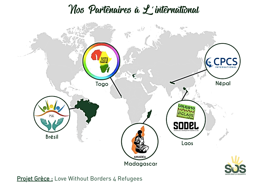 A map representing partners of the association Savoir Oser la Solidarité. They provide financial assistance or food aid for various events. Partners include large companies such as Carrefour City, Rotary International, Grenoble School of Management, Veolia Water, and Wooskill.
