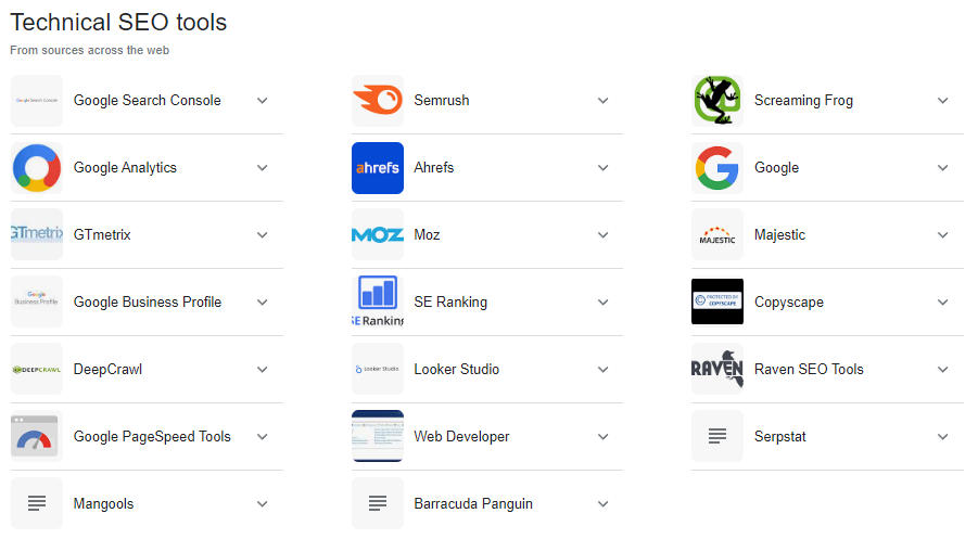 Technical SEO tools all list