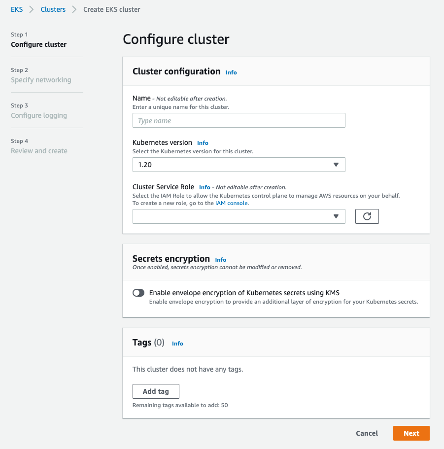 EKS Cluster Wizard In The AWS Web Console