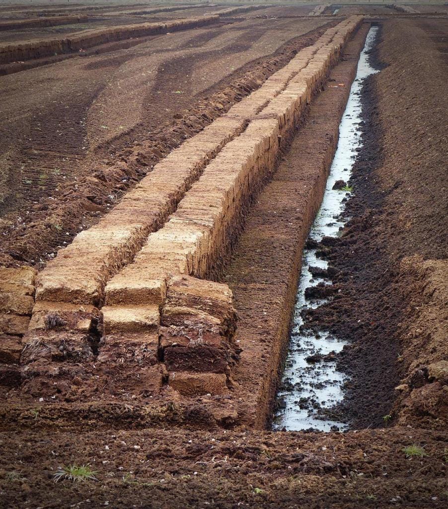 A peat bog that has been cut and drained — brown peat across the landscape