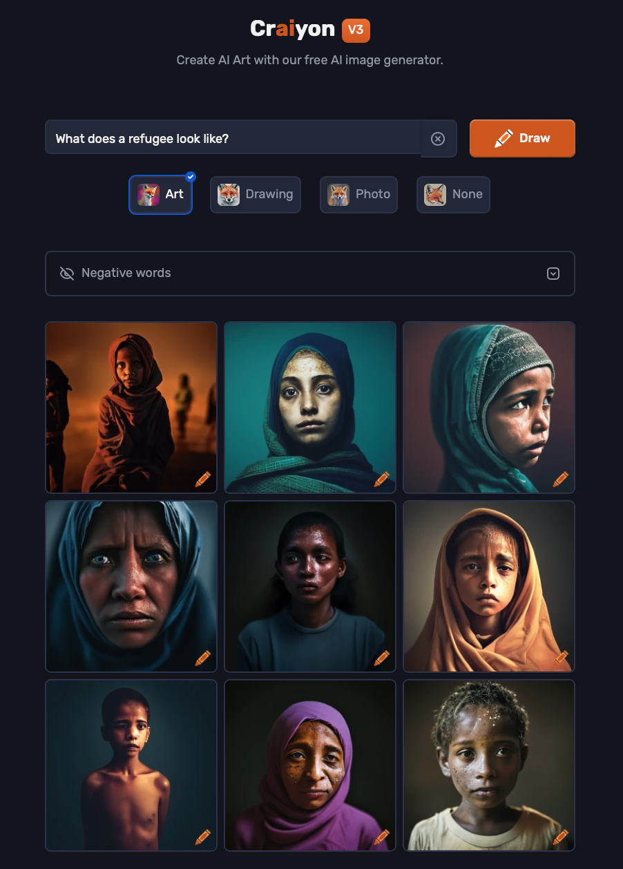 Grid of Craiyon-generated images of “refugees” dominated by forlorn and emaciated faces of Black children and women, some wearing headscarves.