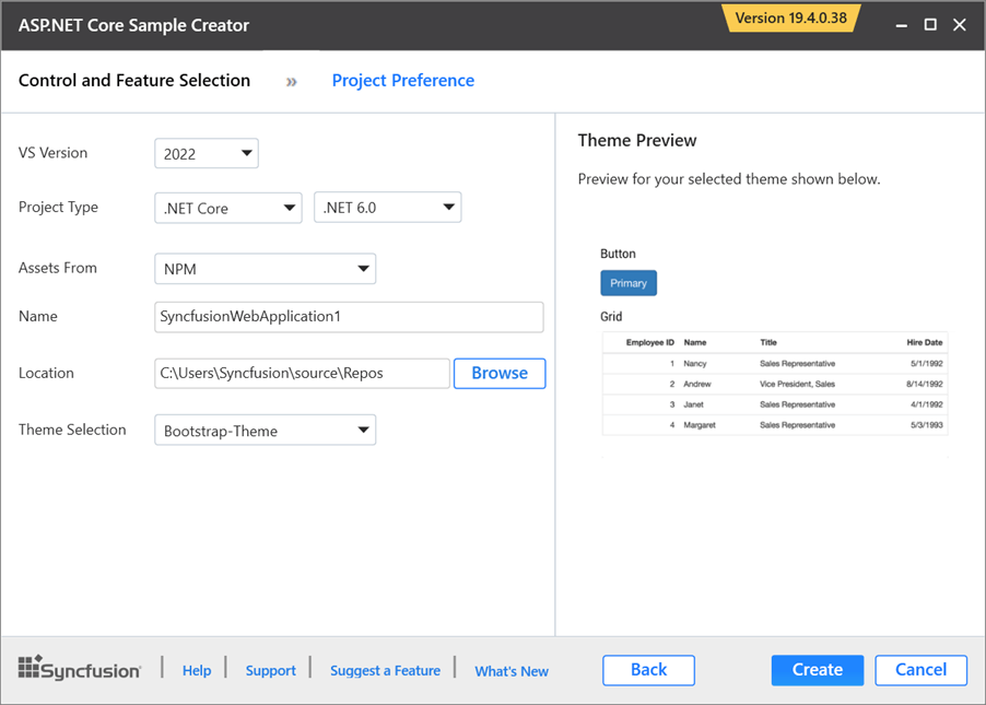 ASP.NET Core Sample Creator window