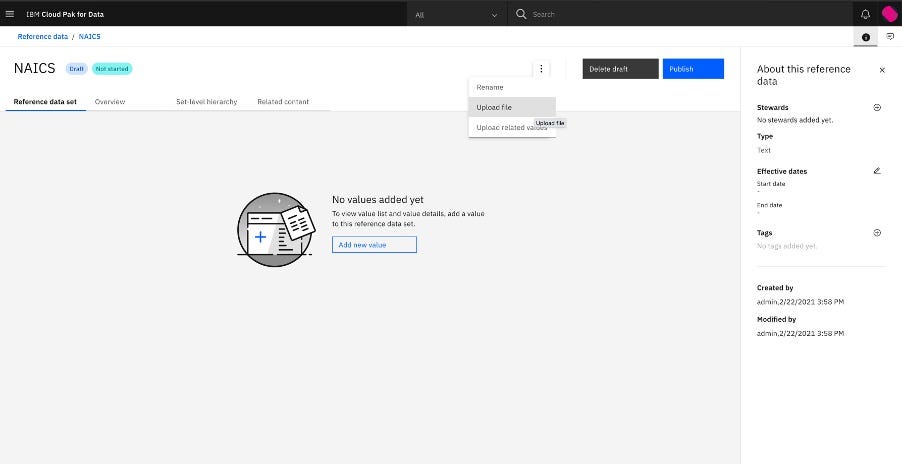 screenshot of importing NAICS codes via CSV into Watson Knowledge Catalog