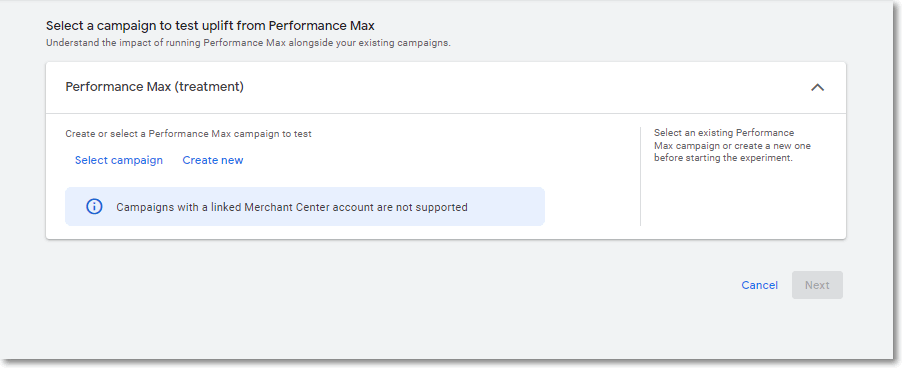 Screenshot of Performance Max not supporting Experiments