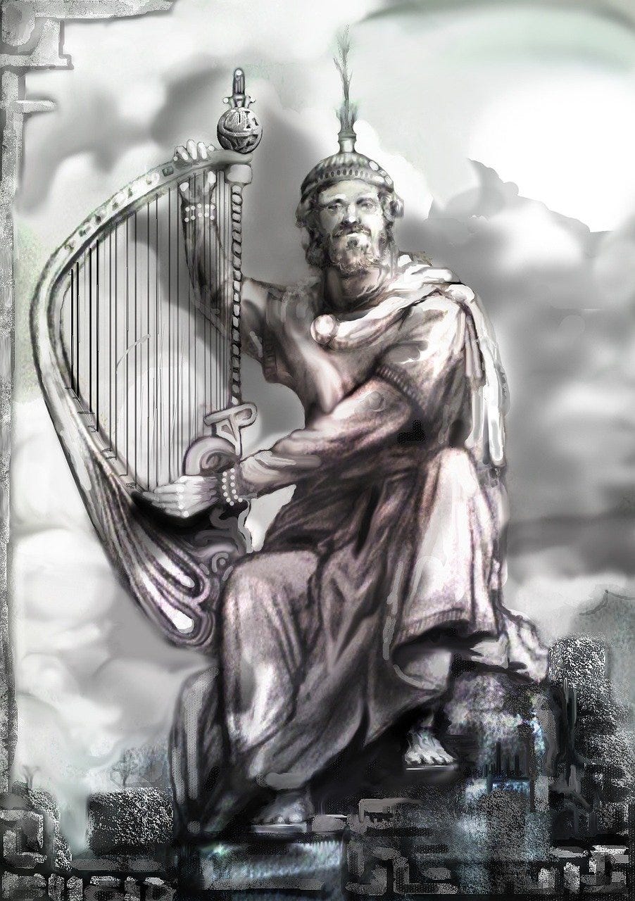 A Greek demi god holding a harp based on a greek legend of a man who charged into the mouth of hell to rescue his wife.