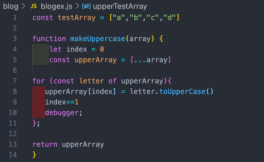 A screenshot of the javascript code for the function makeUpperCase, which is discussed below.