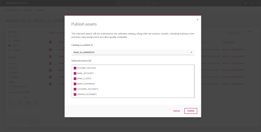 a screenshot of the overlay popup where a user can select which assets within a table to publish to a catalog
