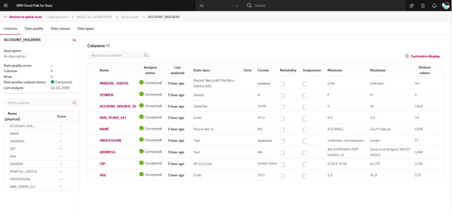 screenshot of a detailed view of a table showing columns and the results of the quick scan analysis with the table