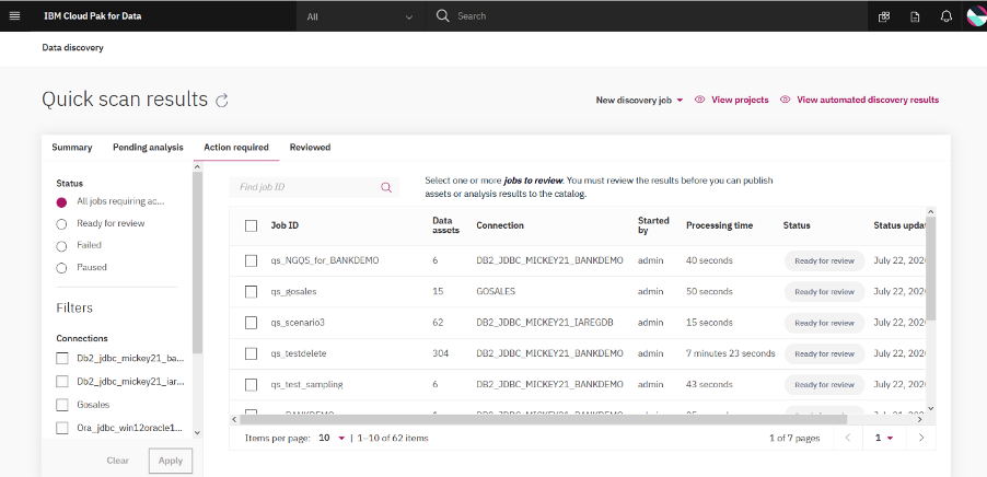 screenshot of quick scan results in Cloud Pak for Data. The action required tab is active with a left hand section with status and filters options and the main section of the page consists of a list of jobs. No jobs are selected.