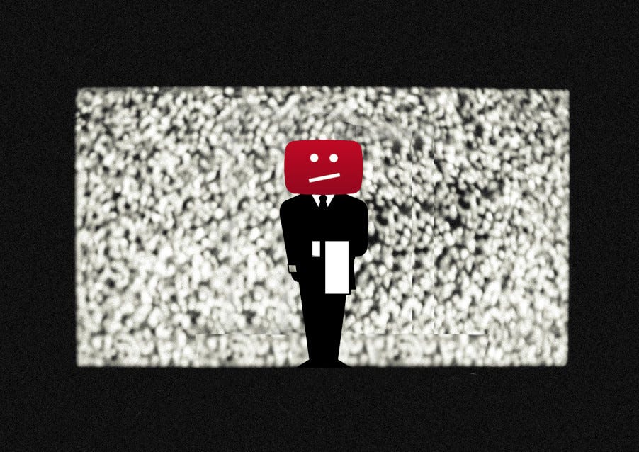 A CRT television in a darkened room, turned to static; on the screen is a drawing of a butler with a towel folded over his arm; his head has been replaced with the “sad Youtube” icon displayed for content that’s been taken offline.