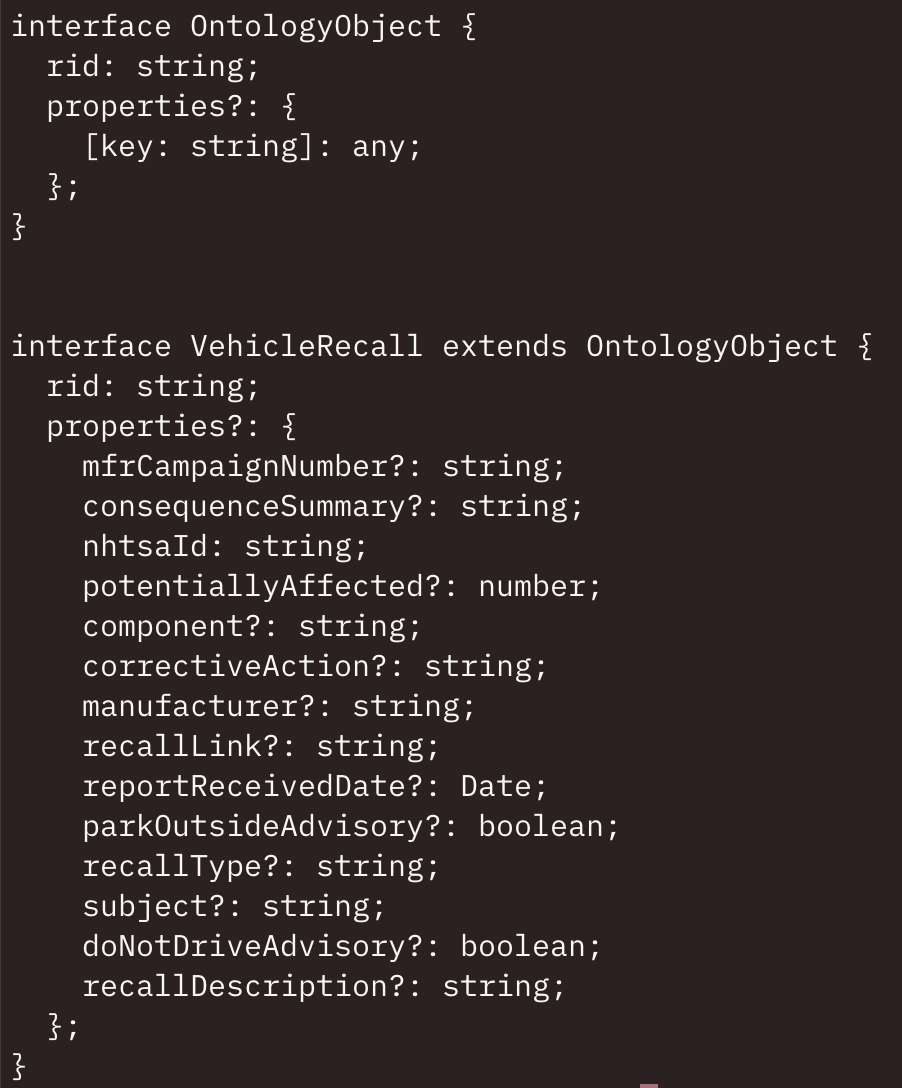 Screenshot of an object type interface definition that extends an OntologyObject interface definition.