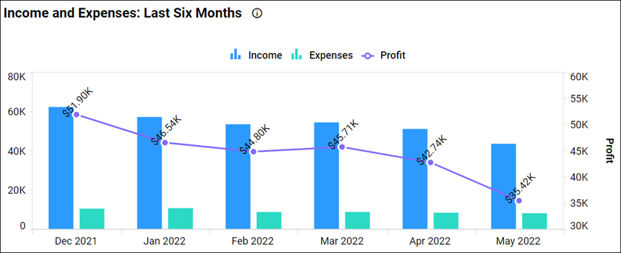 Income and Expenses: Last Six Months in “Profit and Loss” Dashboard