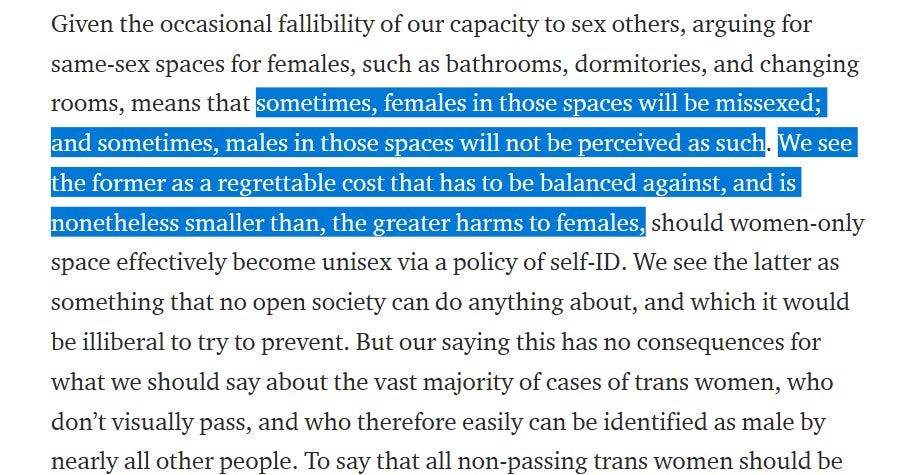 A written quote from Kathleen Stock: “sometimes, females in those spaces will be missexed; and sometimes, males in those spaces will not be perceived as such. We see the former as a regrettable cost that has to be balanced against, and is nonetheless smaller than, the greater harms to females,”