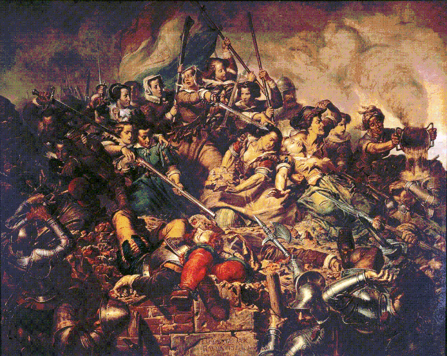 Romanticized historical painting of Kenau leading a group of 300 women in defense of Haarlem, by Barend Wijnveld and J.H. Egenberger, 1854
