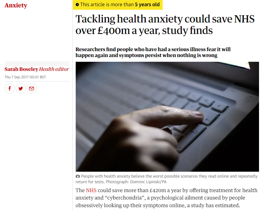 Screenshot of newspaper article about “health anxiety”