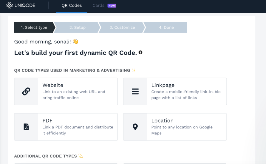Step 1: Select type of QR Code in Uniqode dashboard
