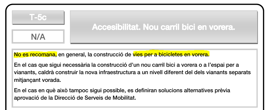 No se recomienda la construcción de vías ciclistas en aceras. Manual de carriles bici de Barcelona, 2016.
