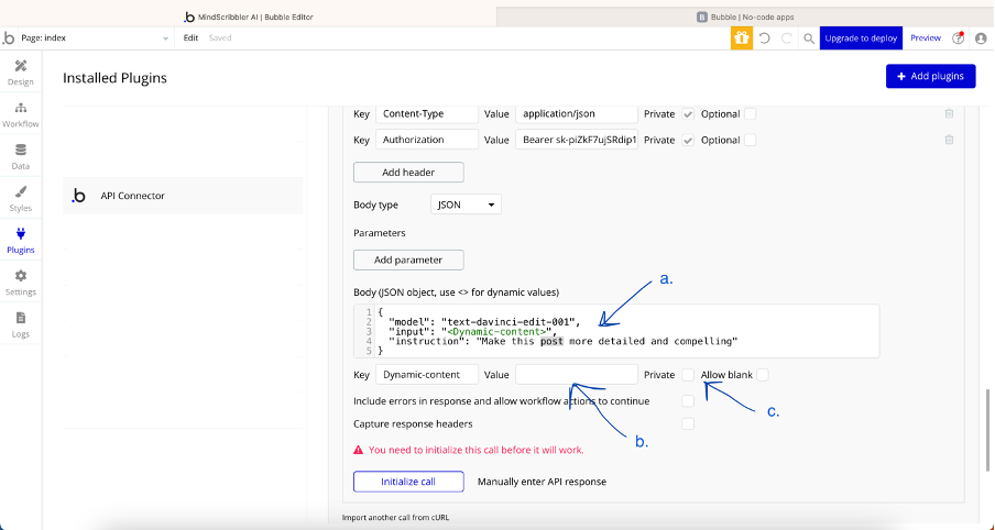 A picture of Bubble’s API connector, showing how to modify the body of our API call