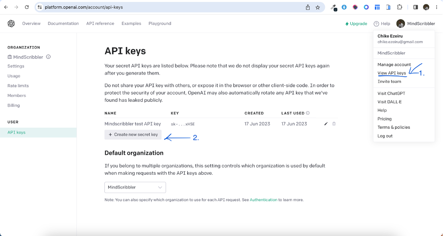 A picture showing how to create an API key in Open AI