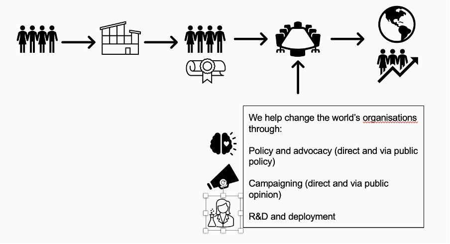 The same diagram with an additional box showing that policy, campaigning and R&D can also contribute to organisational change outside the university.