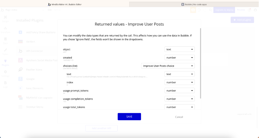 A picture of a successful API call on bubble.io, showing returned values