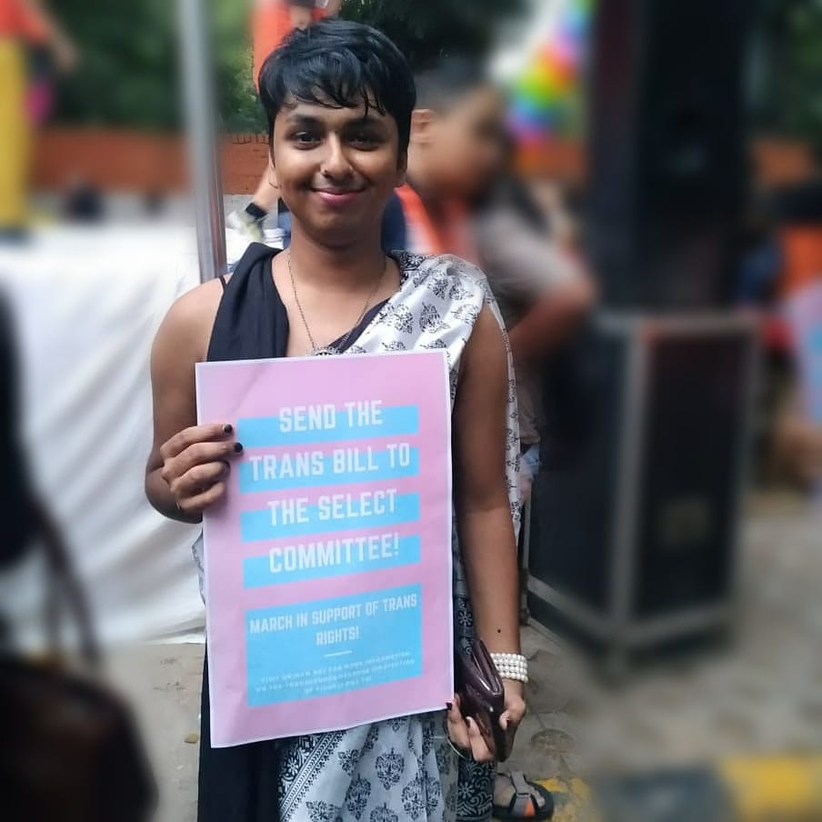 “Send the Trans Bill to the Select Committee!” poster at a 2019 Pride protest march in Delhi.