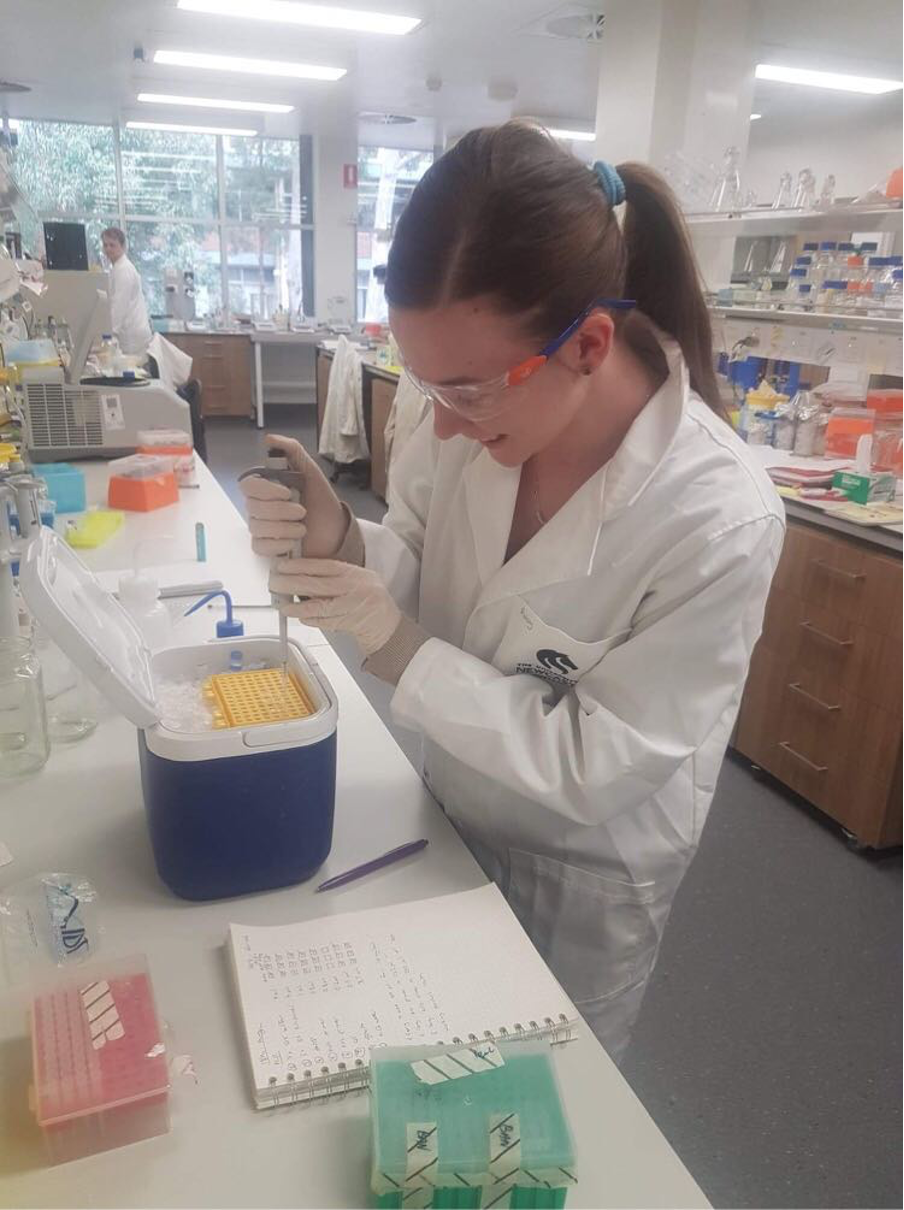 Ruby busy in the lab at the University of Newcastle.