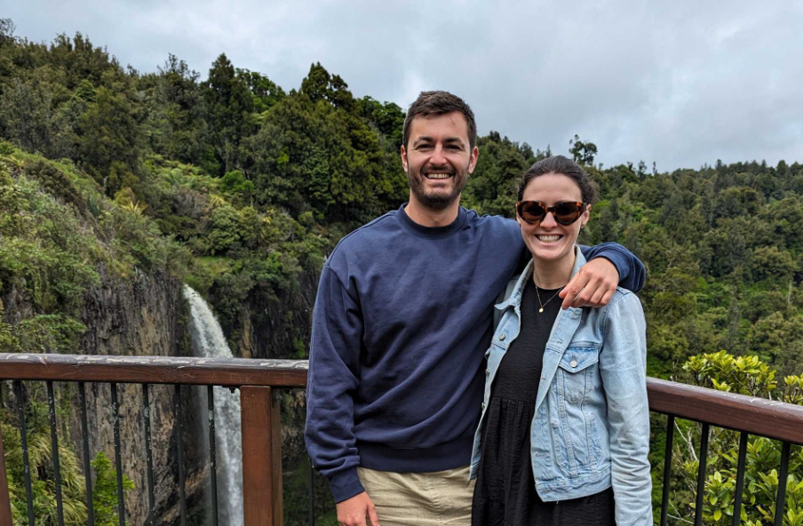 My fiance and I at a waterfall at Raglan, New Zealand