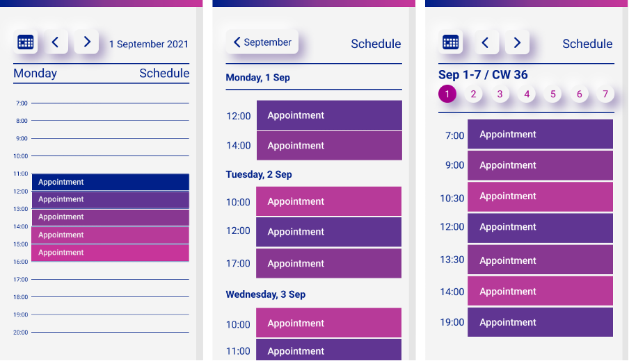 When designing a calendar app, always keep your users in mind. Here 3 different calendar views are shown.
