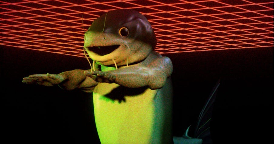 A computer-generated image of a giant catfish with humanoid arms and legs. The catfish is doing squats while his muscular arms are extended forward. His mouth and eyes are wide open almost as if smiling- giving him a derpy yet charming expression upon his face.