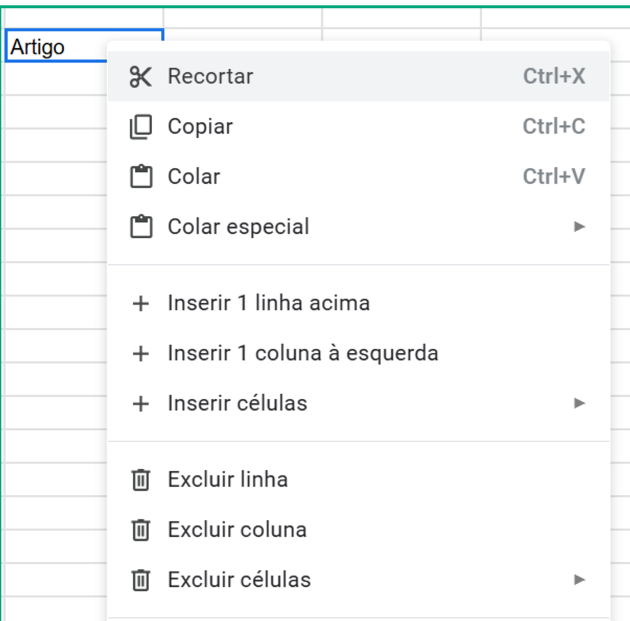 Captura de tela do google planilhas, ontem foi feita a ção do botão direito e tem a abertura do modal de opções, com as aopções Copiar (ctrl + v), colar (ctrl + v), colar especial com menu recolhido.