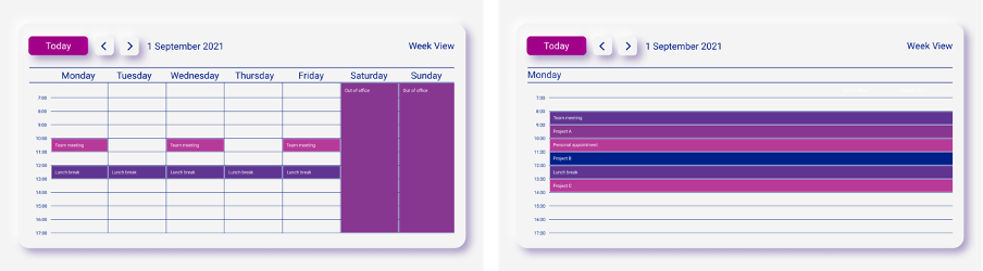 Week view vs. Day view show different levels of detail in a calendar app