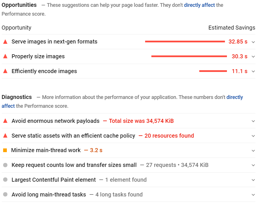 Unoptimized Website PageSpeed Insights Diagnostics