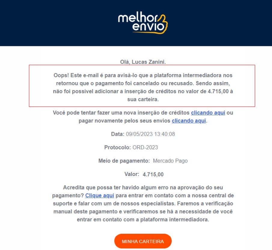 Print de um e-mail apenas com texto corrido. Diz que uma transação foi cancelada ou reprovada. Informa o valor dessa transação, a data, o código e também o mei ode pagamento usado.