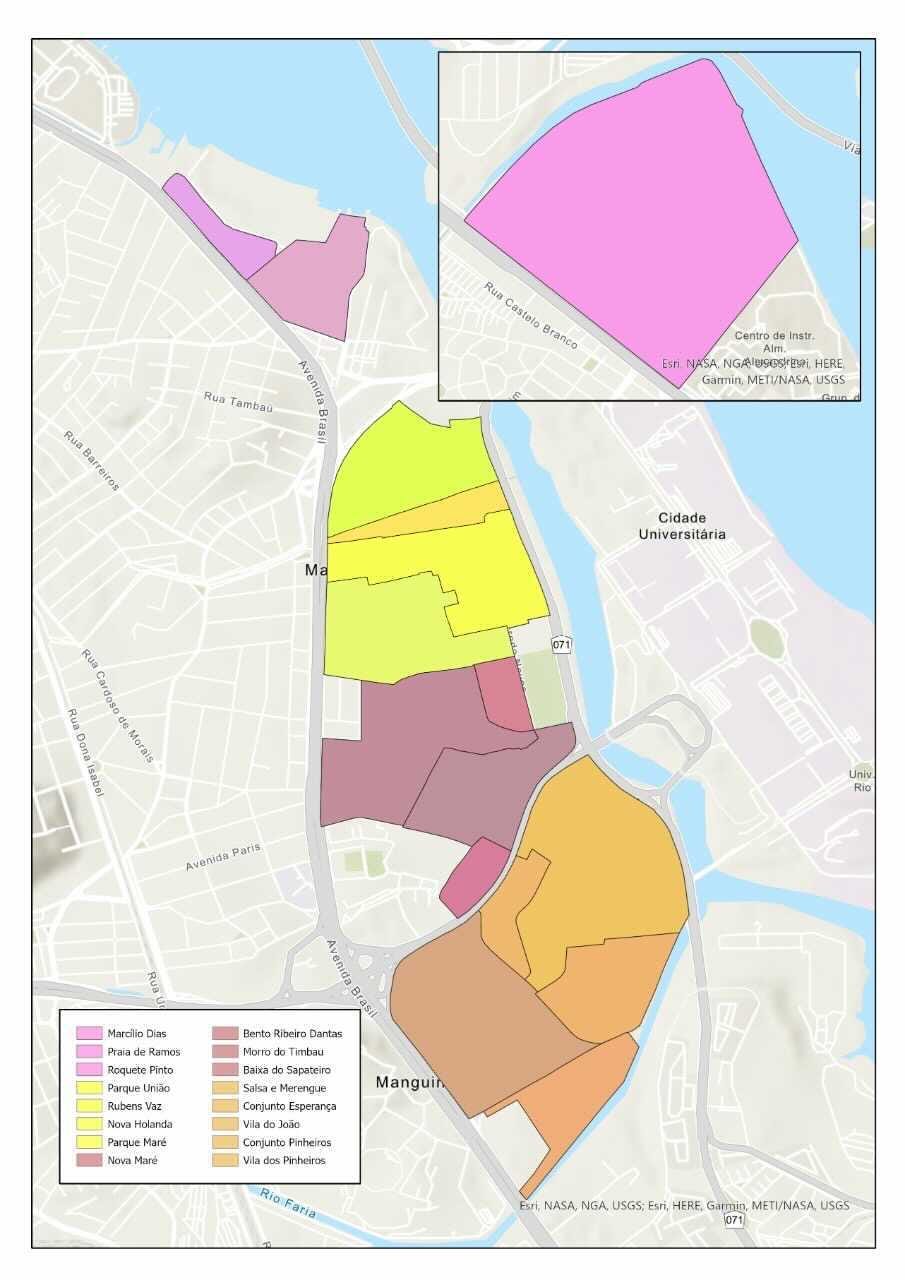 Um mapa criado na plataforma arcgis no qual as 16 favelas do Complexo da Maré estão destacadas com cores diferentes e agrupadas em 4 diferentes partes, simbolizando a área de atuação de cada um dos 4 embaixadores.