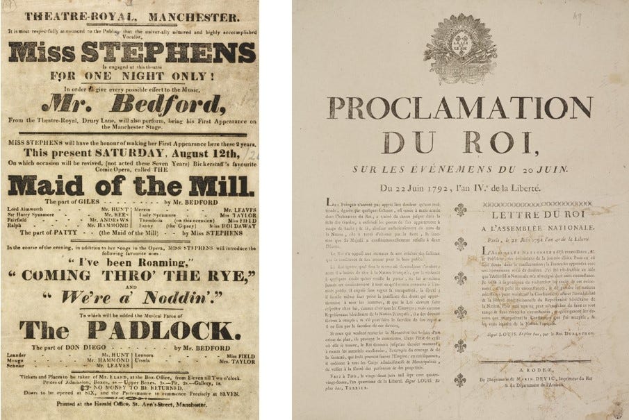Two adjacent images. Left: English playbill printed in various sized type. Right: French proclamation printed in two columns with woodcut headpiece.