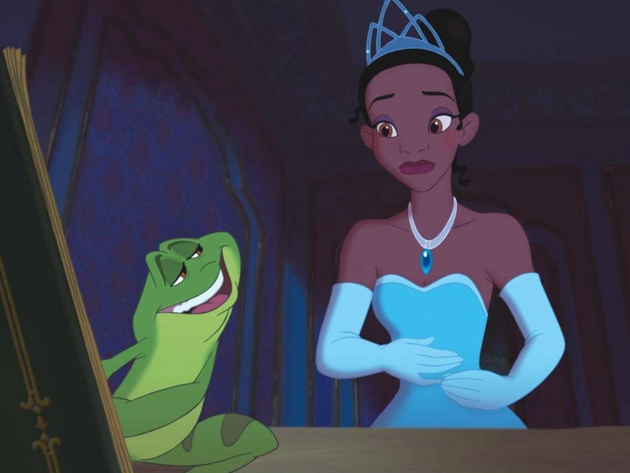 Prince Naveen as a frog with Princess Tiana.