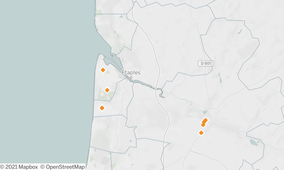 Sur cette carte, les bornes de recharges autour du Touquet, selon OpenChargeMap. Il y en a 6.