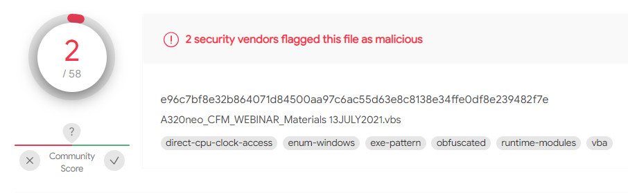 VirusTotal screenshot showing 2 security vendors flagged the file