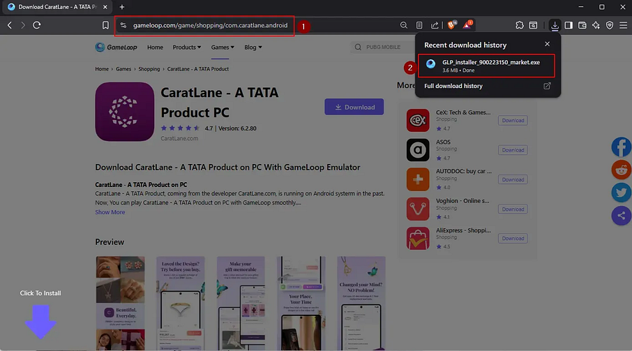 Screenshot of a fake CaratLane app promoted on GameLoop emulator platform
