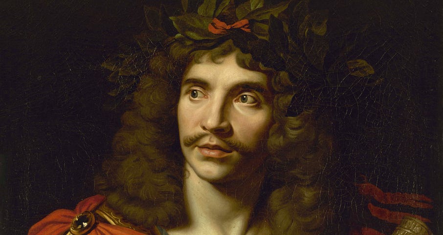 A painted portrait of Moliére as a young man, with long curly brown hair, a mustache, and a laurel wreath on his head.