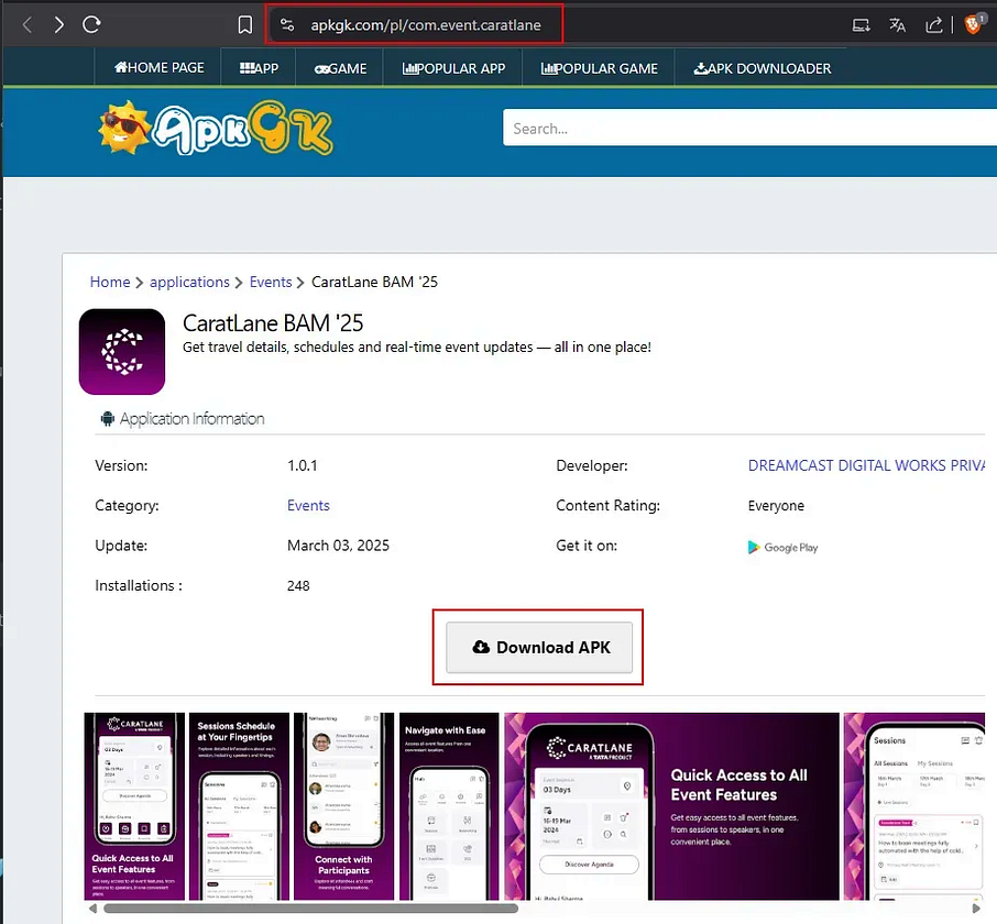 Fake CaratLane listing showing unauthorized branding on a third-party emulator site.