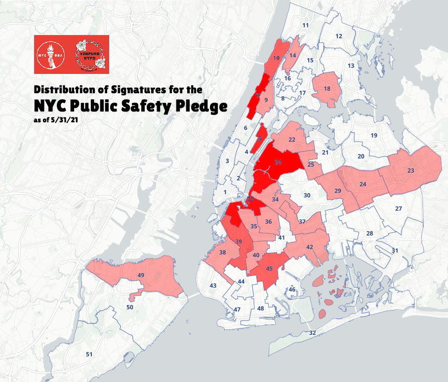 A map of New York City’s city council districts, with each district numbered. Text overlayed on the map says “Distribution of signatures for the NYC public safety pledge as of 5/31/2021”. Districts are colored white or various shades of red depending on number of candidates that in that district who signed pledge. All five boroughs have colored in districts, with Upper Manhattan ,North/Central Brooklyn and Western Queens having more coverage.