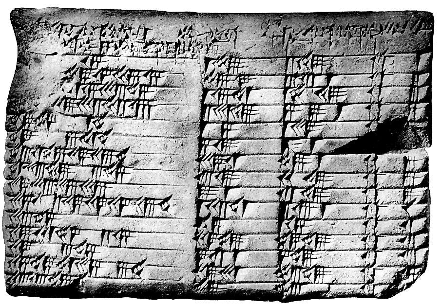 A worn clay tablet of irregular borders with stamped inscriptions in several columns in black and white.