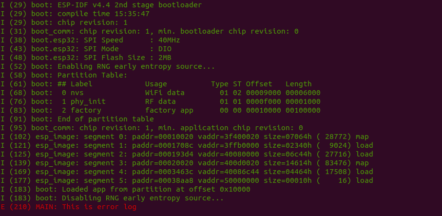 ESP-IDF Logging: set log level at Error console output screenshot