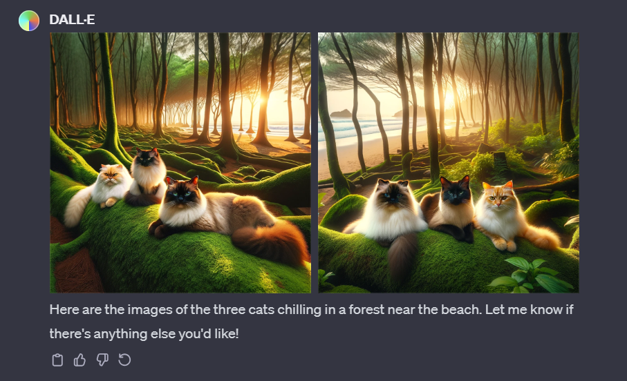 pictures generatd with chatgpt dalle: images of the three cats chilling in a forest near the beach